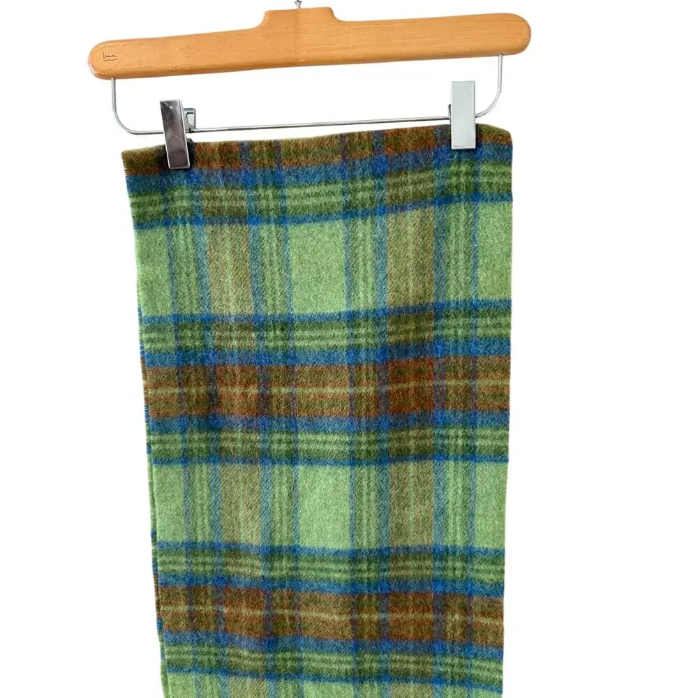 LL Bean Green Plaid Lambswool Fringed Scarf